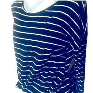 New Blue & White 3/4 Length Sleeve Striped Drawstring & Self Tie Waist Band